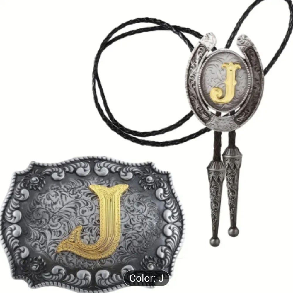 New Silver & Gold Colored Western Bolo Tie & Belt Buckle Set Letter J, T3MISB5C